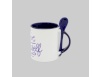 Dark blue interior white mug with dark blue handle and spoon