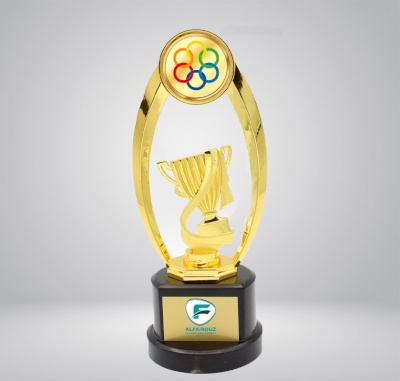 The trophy statue has a golden frame on either side
