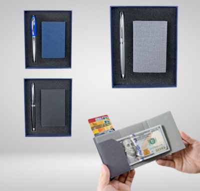 Leather wallet with pen in gift box